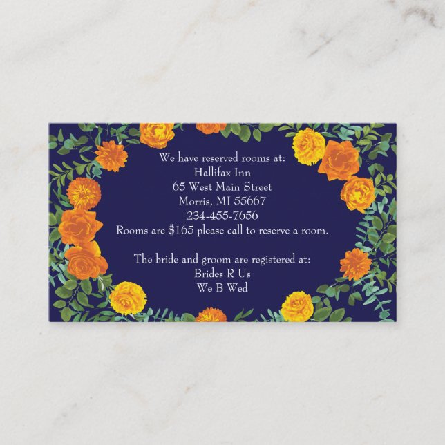 Orange & Navy Blue Peony Rose Wedding Enclosure Card (Front)