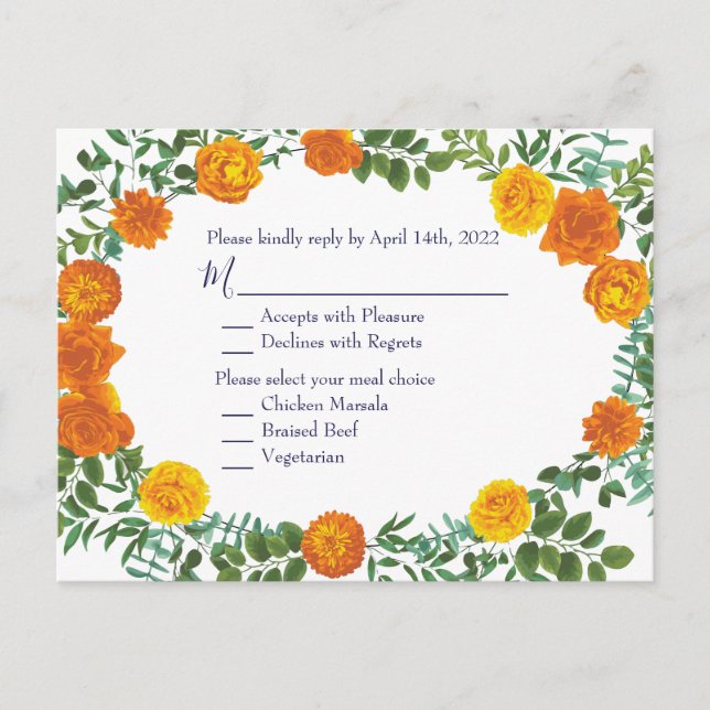 Orange & Navy Blue Peony Rose Wedding Reply Postcard (Front)