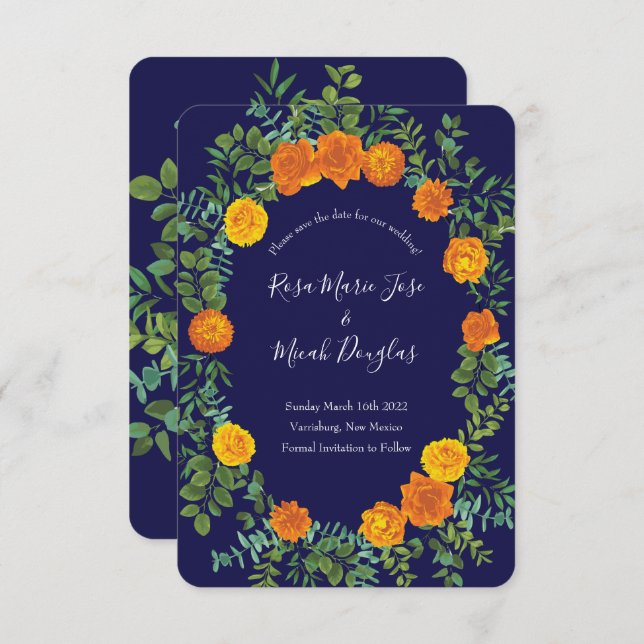 Orange & Navy Blue Peony Rose Wedding Save Date Invitation (Front/Back)