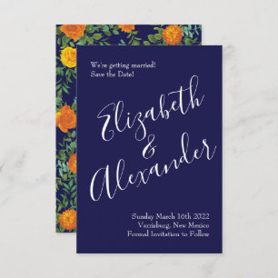 Orange & Navy Blue Peony Rose Wedding Save Date Invitation