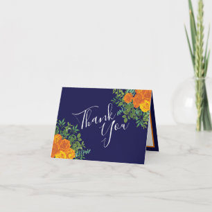 Orange & Navy Blue Peony Rose Wedding Thank You Card