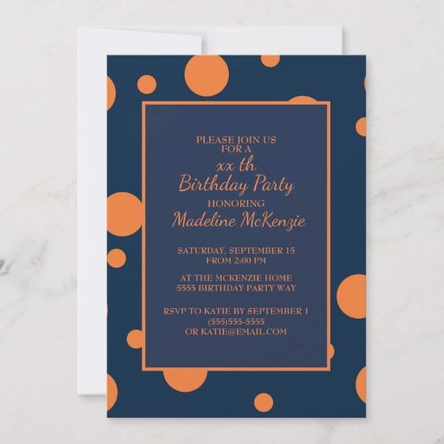 Orange Navy Blue Polka Dot Birthday Party Invite (Front)