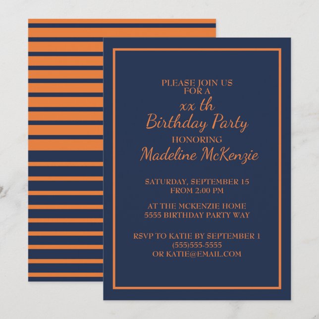 Orange Navy Blue Striped Birthday Party Invite (Front/Back)