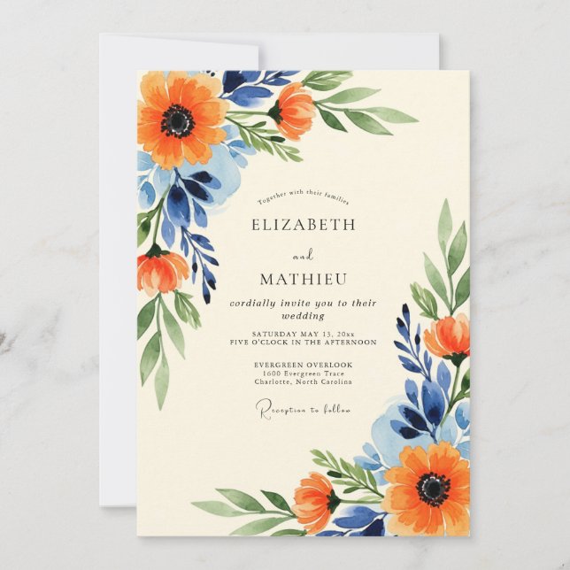 Orange Navy Blue Sumptuous Floral Wedding Invitation (Front)