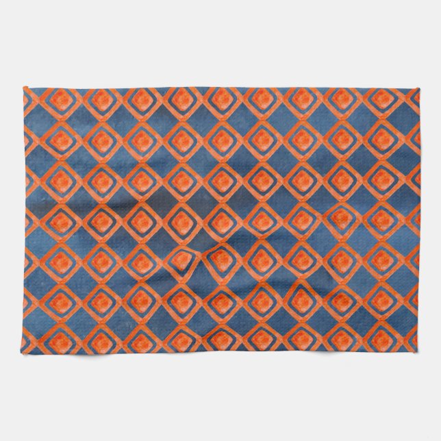 Orange Navy Blue Watercolor Pattern Tea Towel (Horizontal)