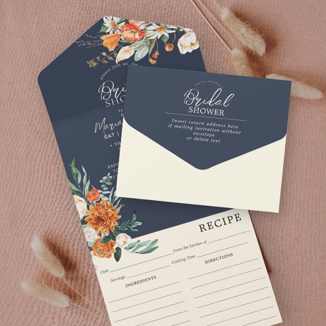 Orange & Navy Floral Bridal Shower & Recipe  All In One Invitation (Creator Uploaded)