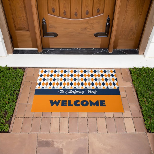 Orange & Navy School Colours Argyle Pattern Doormat (Outdoor)