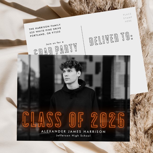Orange Neon Class of 2025 Photo Graduation Party Invitation Postcard (Creator Uploaded)