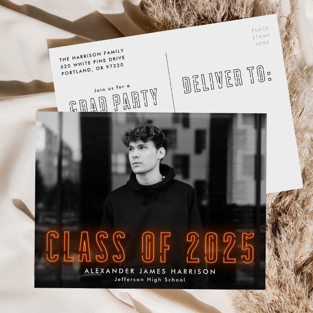 Orange Neon Class of 2025 Photo Graduation Party Invitation Postcard (Creator Uploaded)