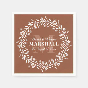 Orange Newlywed Couple Wreath Monogram Name Napkin