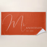 Orange Newlyweds Mr Name Personalised Honeymoon Beach Towel<br><div class="desc">Celebrate your love in style with this personalised beach towel for adults, featuring the newlyweds' names in an elegant, modern design. Perfect for a honeymoon beach trip, anniversary getaway, or romantic vacation, this soft and vibrant towel is a must-have for couples who love to travel together. Designed with a burnt...</div>