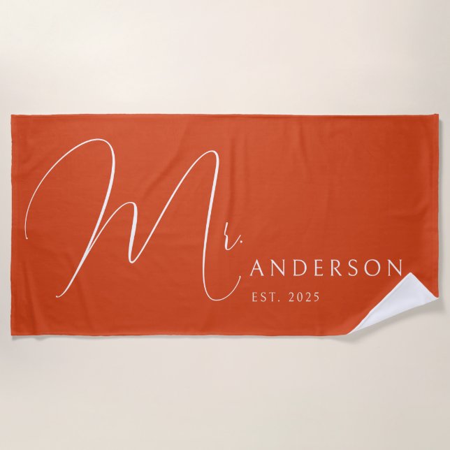 Orange Newlyweds Mr Name Personalised Honeymoon Beach Towel (Front)