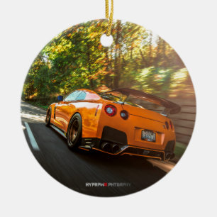 Orange Nissan GT-R Ripping through Seattle streets Ceramic Tree Decoration