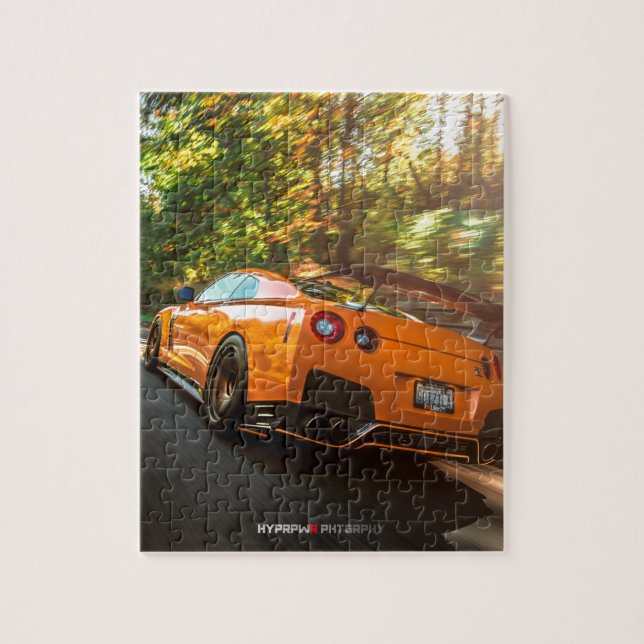 Orange Nissan GT-R Ripping through Seattle streets Jigsaw Puzzle (Vertical)