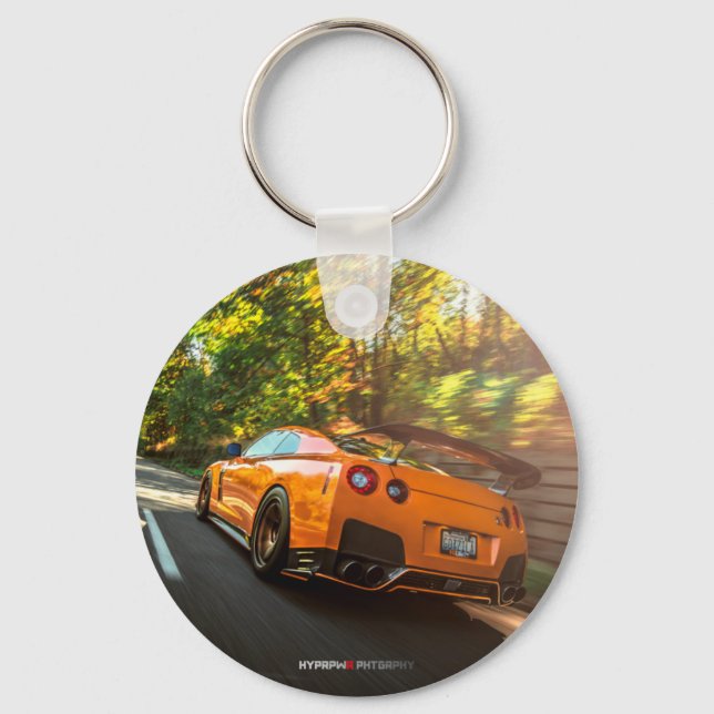 Orange Nissan GT-R Ripping through Seattle streets Key Ring (Front)