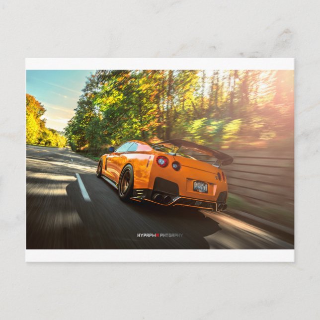 Orange Nissan GT-R Ripping through Seattle streets Postcard (Front)