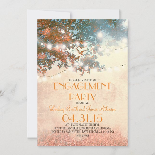 Orange oak tree lights love birds engagement party invitation (Front)