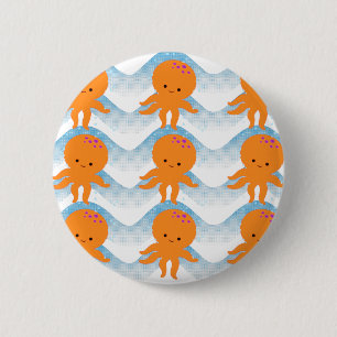 Orange Octopus And Blue Waves Pattern 6 Cm Round Badge