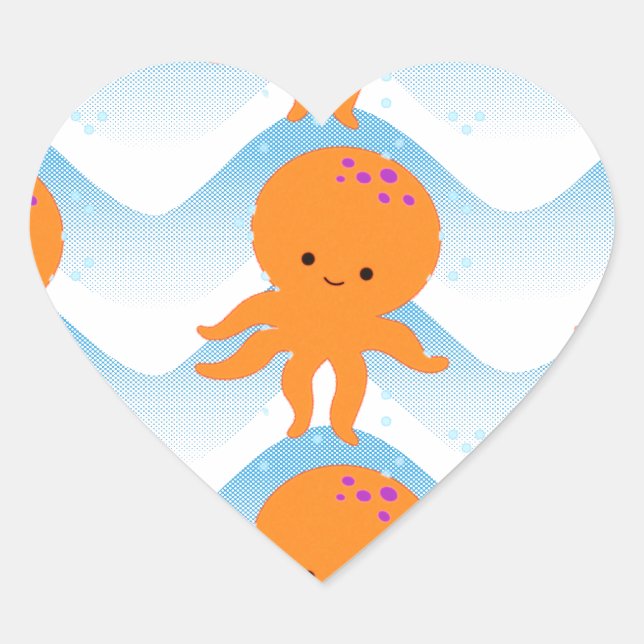 Orange Octopus And Blue Waves Pattern Heart Sticker (Front)