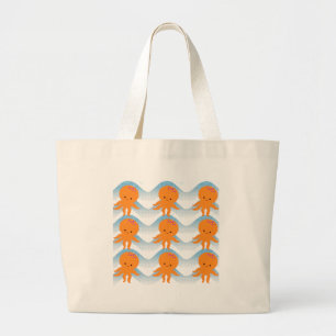 Orange Octopus And Blue Waves Pattern Large Tote Bag