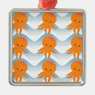 Orange Octopus And Blue Waves Pattern Metal Tree Decoration