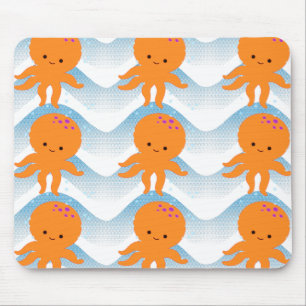 Orange Octopus And Blue Waves Pattern Mouse Pad