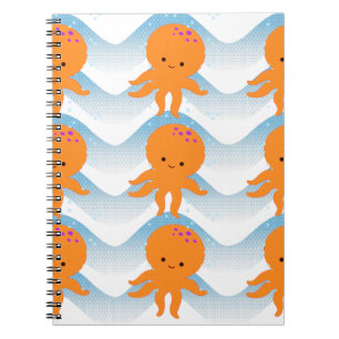 Orange Octopus And Blue Waves Pattern Spiral Notebook