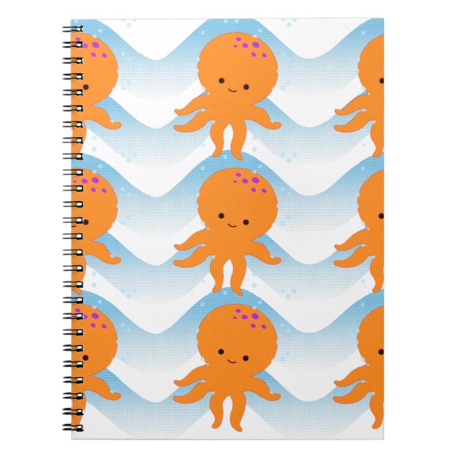 Orange Octopus And Blue Waves Pattern Spiral Notebook (Front)