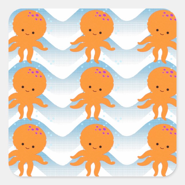 Orange Octopus And Blue Waves Pattern Square Sticker (Front)