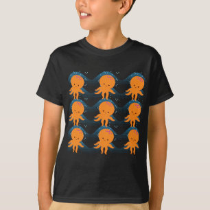 Orange Octopus And Blue Waves Pattern T-Shirt