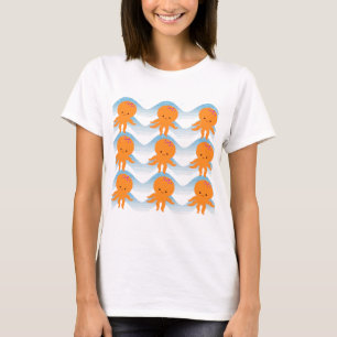 Orange Octopus And Blue Waves Pattern T-Shirt