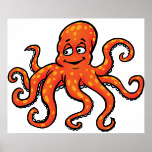 Orange Octopus Cartoon Ocean Sea Creature Poster