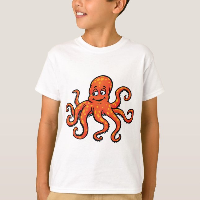 Orange Octopus Cartoon Ocean Sea Creature T-Shirt (Front)