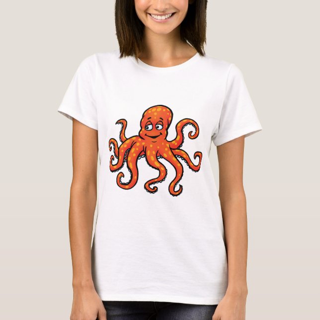 Orange Octopus Cartoon Ocean Sea Creature T-Shirt (Front)