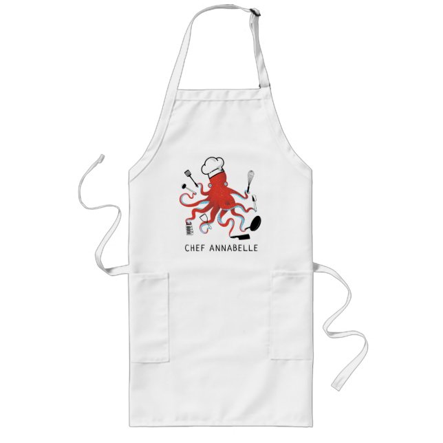 Orange Octopus Chef Personalise Long Apron (Front)