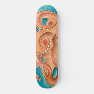 Orange Octopus Teal Watercolor Skateboard