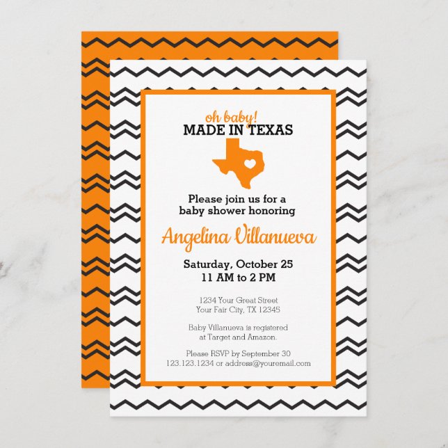 Orange Oh Baby! Chevron Made in Texas Shower Invitation (Front/Back)