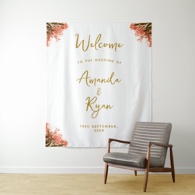 Orange Oleander Flower Wedding Welcome Backdrop Tapestry (In Situ)