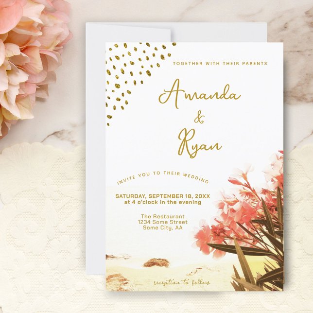 Orange Oleander Flowers Beach Glitter Wedding Invitation (Creator Uploaded)
