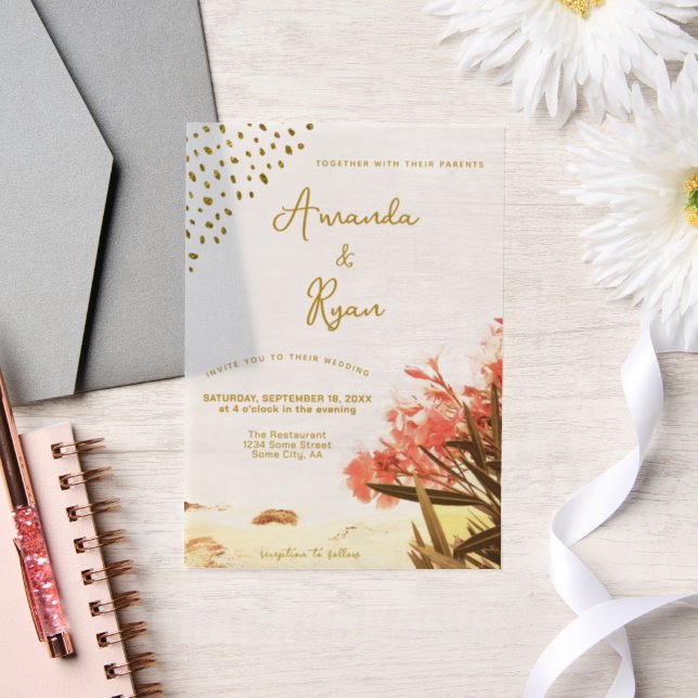 Orange Oleander Flowers Beach Glitter Wedding Vellum Invitations (Wedding)