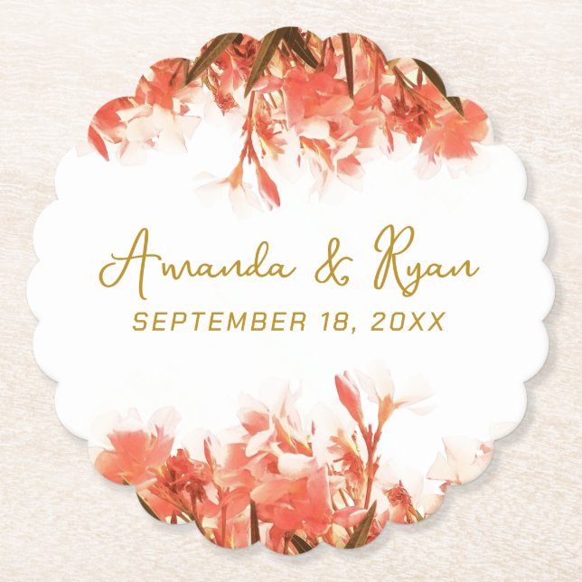 Orange Oleander Flowers Floral Beach Wedding  Paper Coaster (Front)