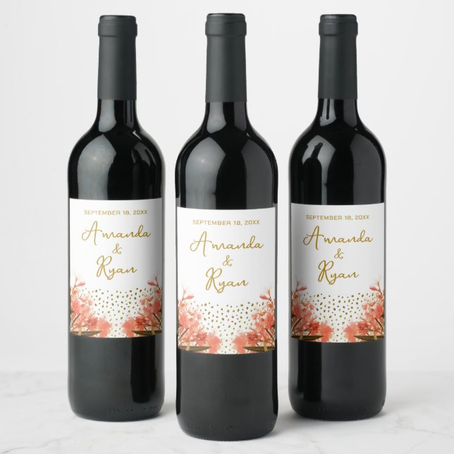 Orange Oleander Flowers Glitter Floral Wedding Wine Label (Bottles)