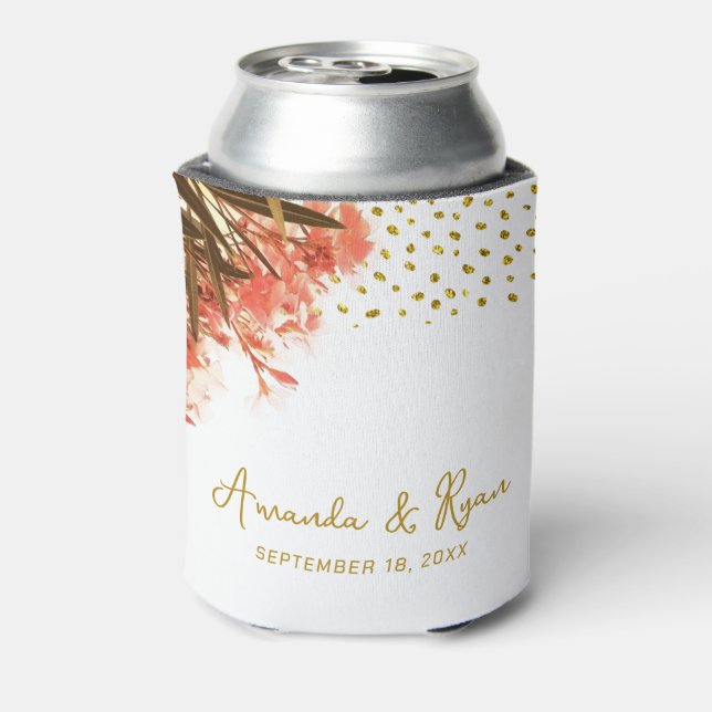 Orange Oleander Flowers Gold Glitter Wedding Can Cooler (Can Back)