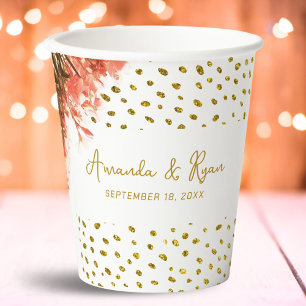Orange Oleander Flowers Gold Glitter Wedding Paper Cups