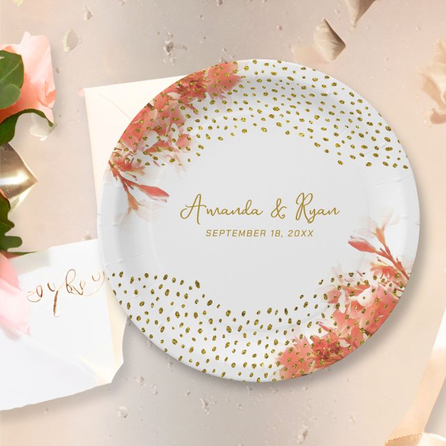 Orange Oleander Flowers Gold Glitter Wedding  Paper Plate (Creator Uploaded)