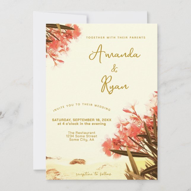 Orange Oleander Flowers on the Beach Wedding  Invitation (Front)
