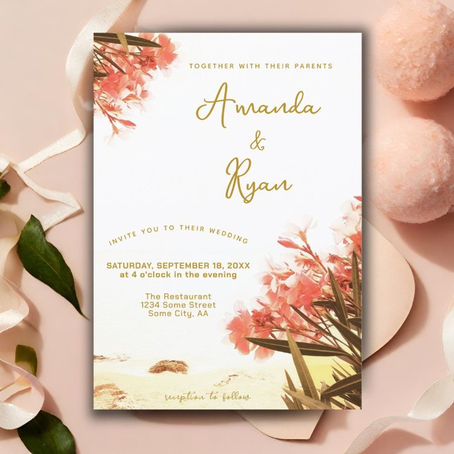 Orange Oleander Flowers on the Beach Wedding Invitation (Creator Uploaded)