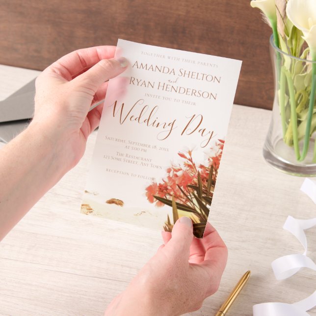 Orange Oleander Flowers on the Beach Wedding  Vellum Invitations (Handheld)