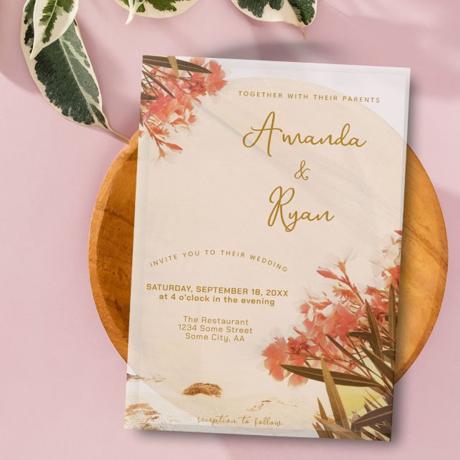 Orange Oleander Flowers on the Beach Wedding Vellum Invitations (Creator Uploaded)
