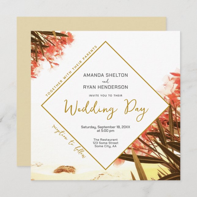 Orange Oleander on the Beach Floral Wedding Invitation (Front/Back)
